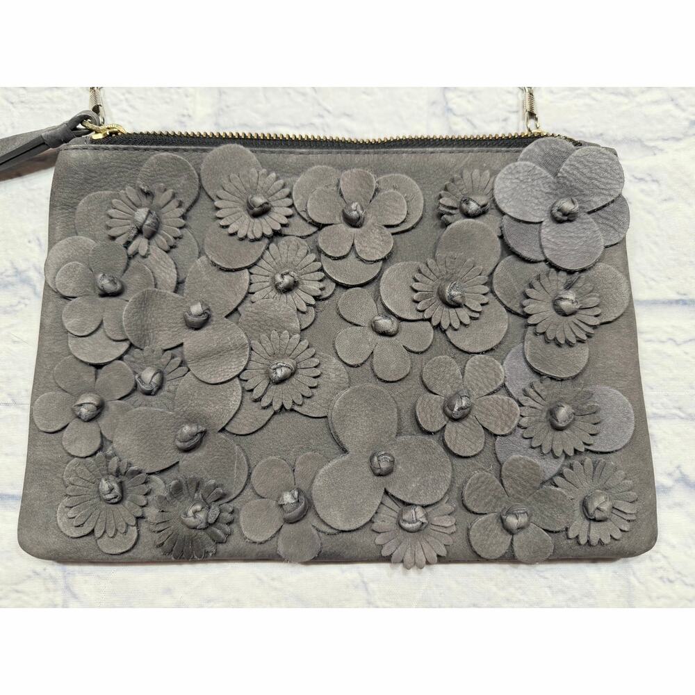 Punto Fibbia Gray Suede Floral Purse Wristlet Silver Chain Raised Flowers